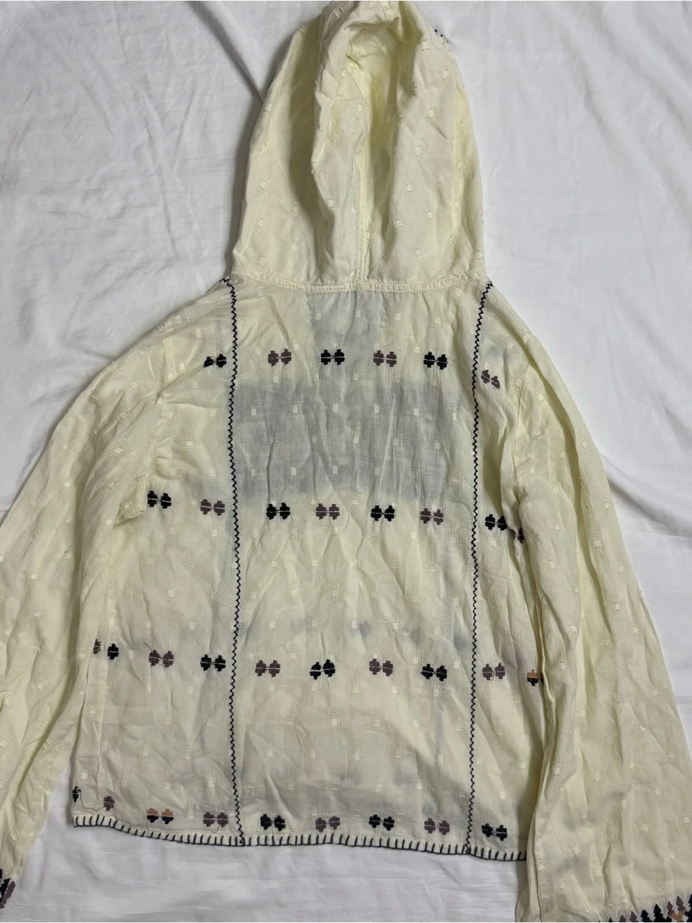 Free People Cream Hooded Embroidered Peasant Tunic with Black Trim